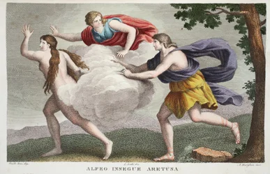 Arethusa in einen Brunnen oder Alfeo Insegue Aretusa, Buch V, Illustration aus Ovids Metamorphosen, Florenz, 1832